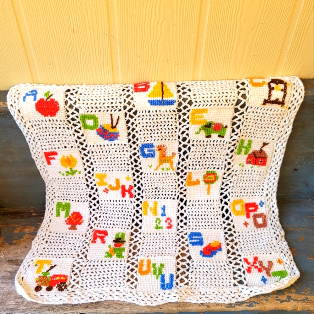 Crochet Alphabet Baby Blanket Room Shower Decor Vintage Handmade Multicolored